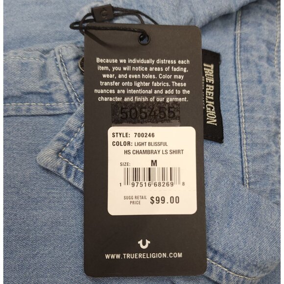True Religion Light Blue Chambray Long Sleeve Shirt M Snaps Denim Chest Pockets - Picture 4 of 13